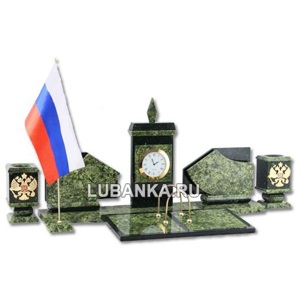Настольный набор для руководителя «Герб России с флагом» из камня